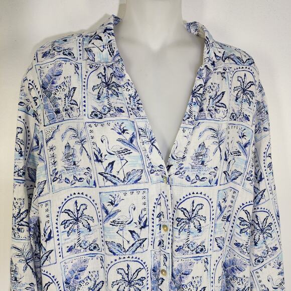 C & C California Linen Shirt Palm Trees Flamingo XL Blue White Coastal Resort - Picture 3 of 11